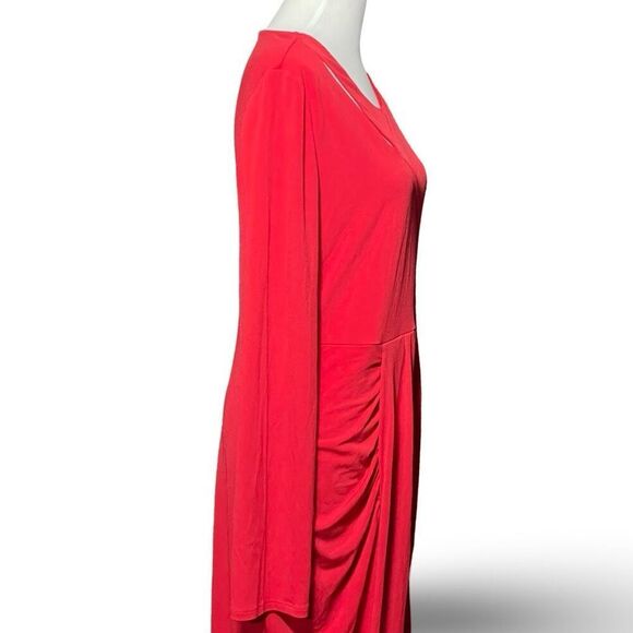 EXPRESS Vibrant Red Dress, Asymmetrical Hem, Long Sleeves  Front Cut out, Size L - Picture 7 of 9